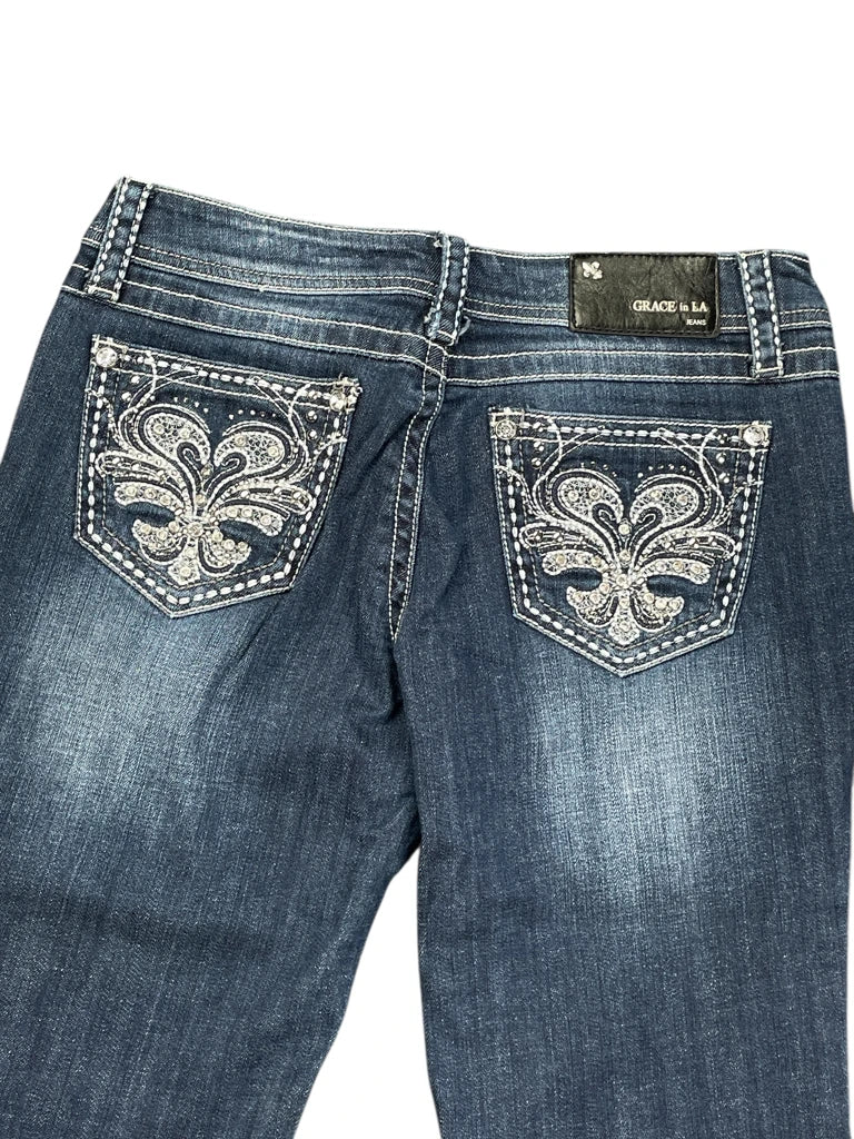 detail view, Grace Dark Blue Embellished Pocket Bootcut Jeans, vintage Y2K second hand piece, image 4
