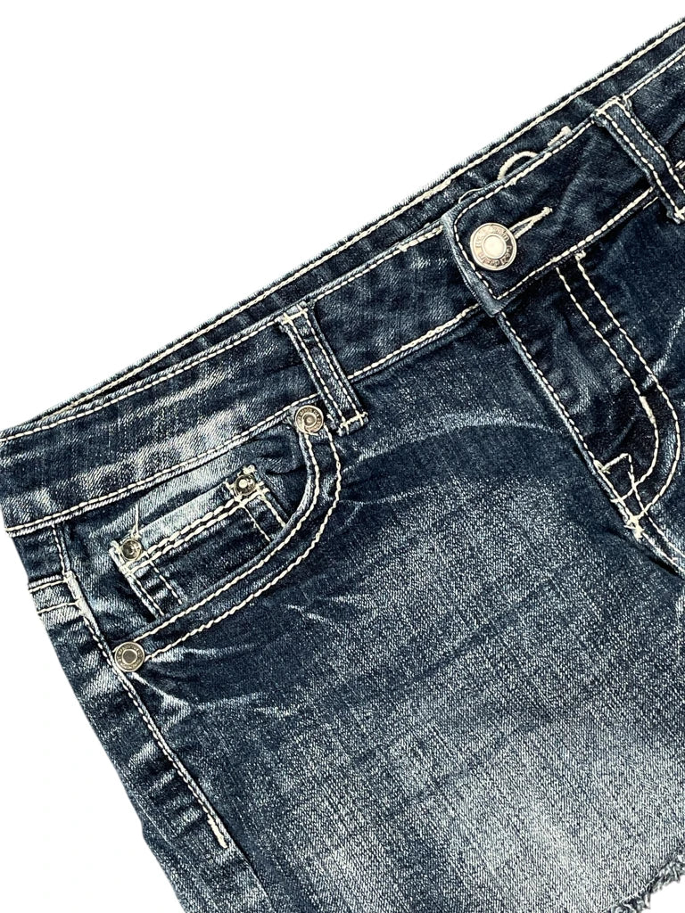 detail view, Rue 21 Embroidered Back Pocket Vintage Denim Skirt, vintage Y2K second hand piece