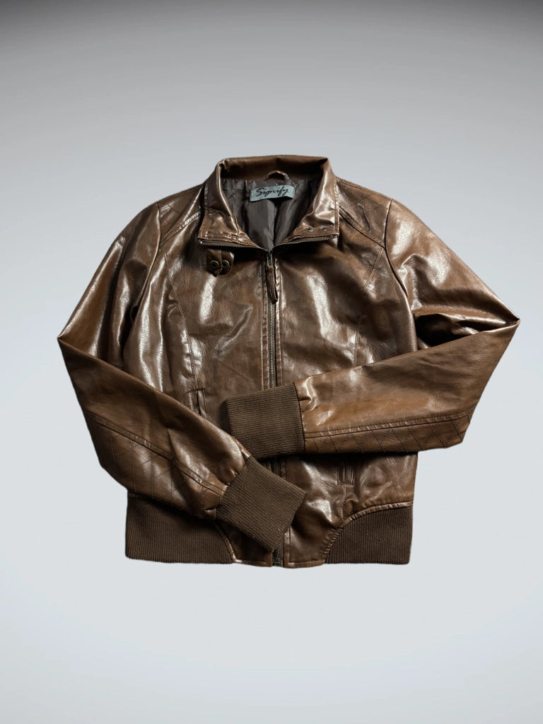 detail view, Signify Brown Faux Leather Vintage Jacket, vintage Y2K second hand piece, image 5
