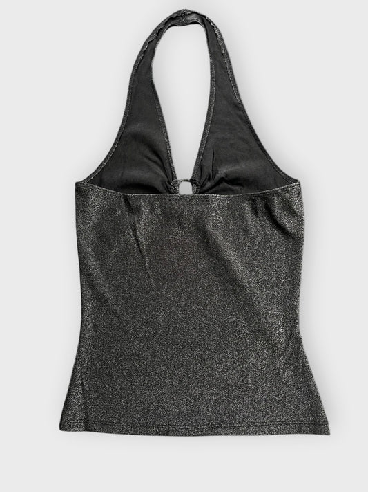 back view, Venus Shimmering Black Halter Top with Rhinestone Ring Accent, vintage Y2K second hand piece