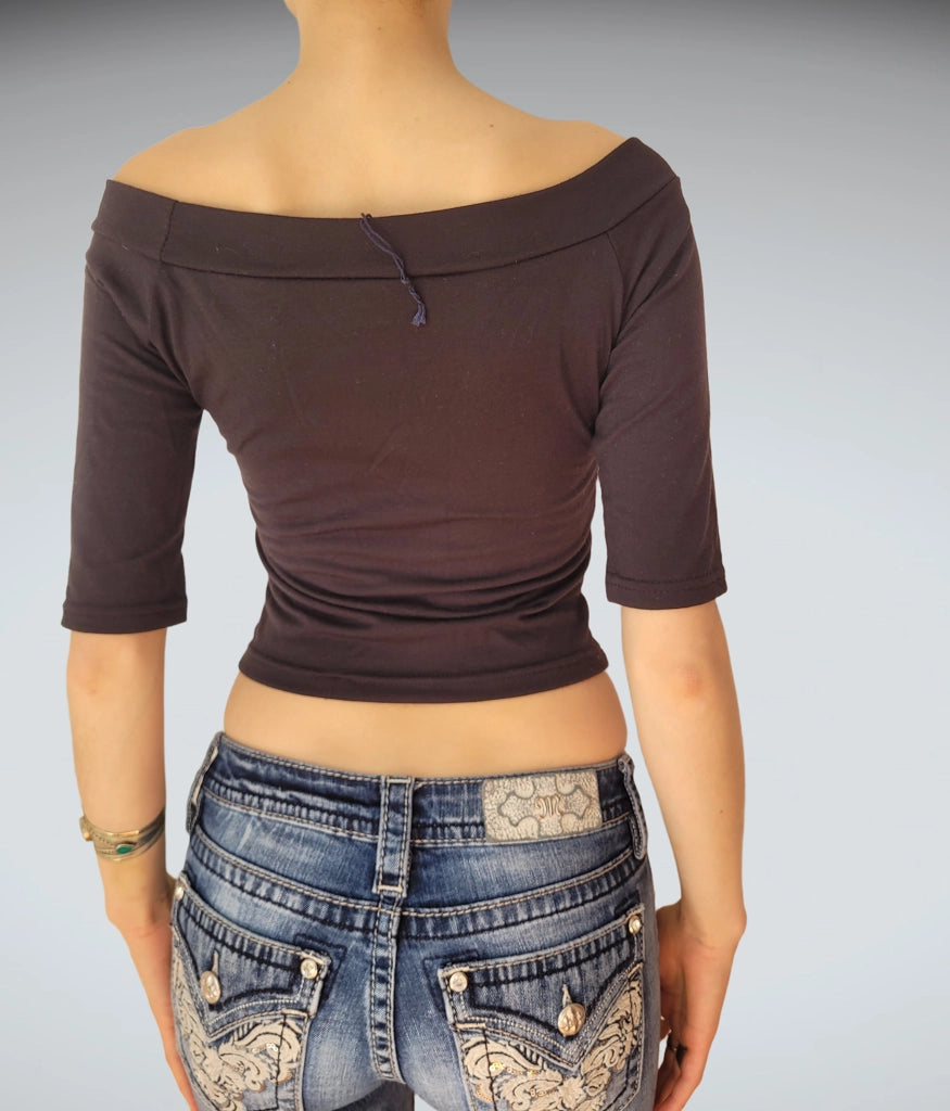 back view, Miss Sada Leopard Print Off Shoulder Crop Top, vintage Y2K second hand piece