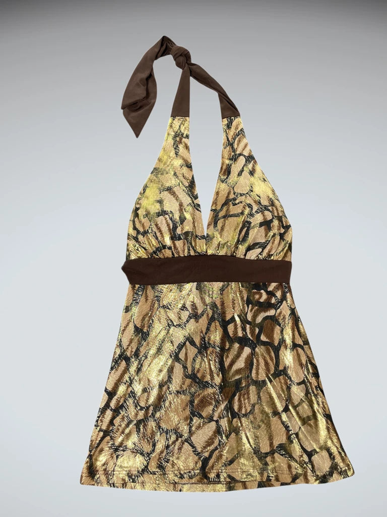 detail view, Touch 9 Gold brown pattern top, vintage Y2K second hand piece