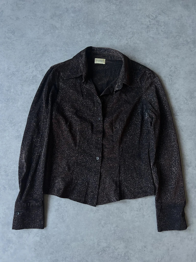 detail view, Motivi Y2K Brown Glitter Button-Up Top, vintage Y2K second hand piece, image 6