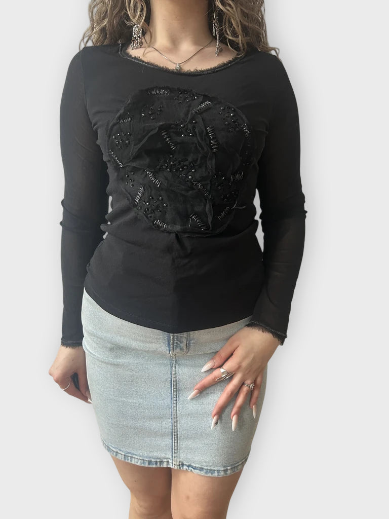 front view, LUISA CERANO 2000s Long Sleeve Mesh Top, vintage Y2K second hand piece