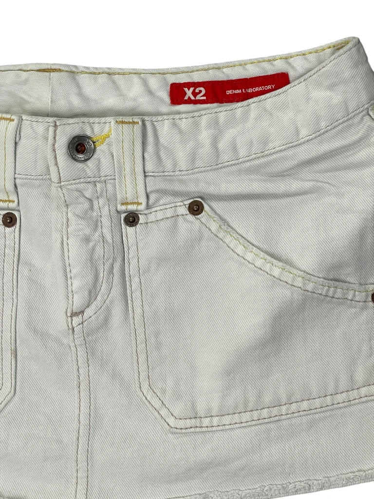 back view, X2 White Beige Denim Mini Skirt with Back Embroidery, vintage Y2K second hand piece