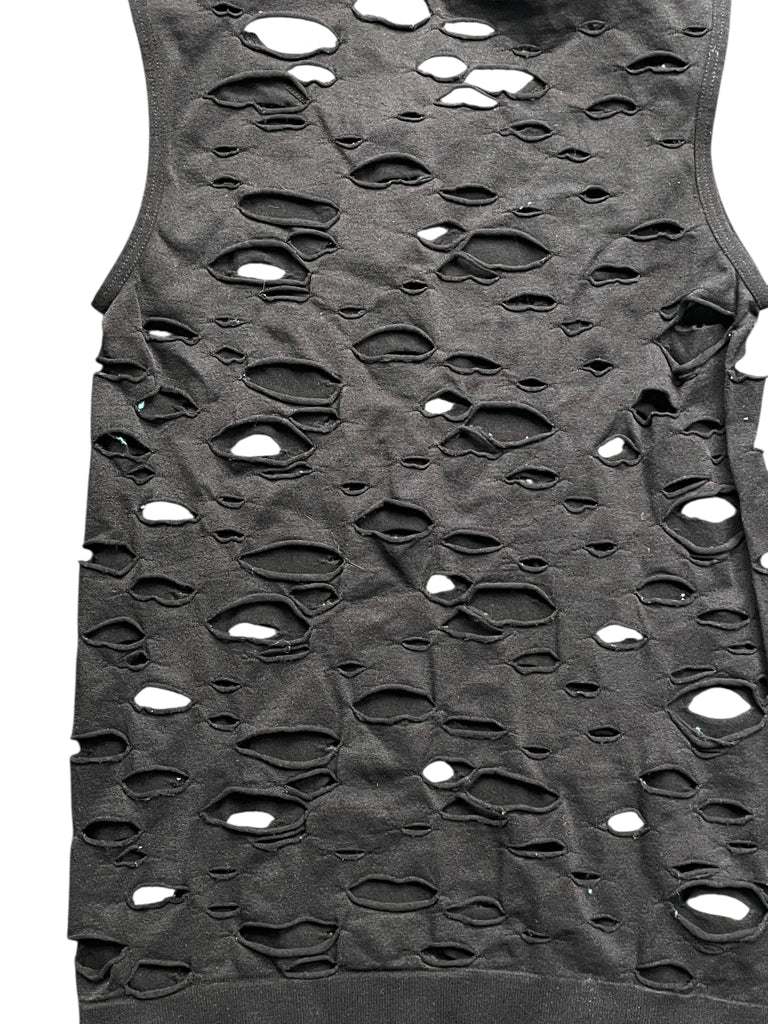 detail view, Black Distressed Sleeveless Punk Top, vintage Y2K second hand piece