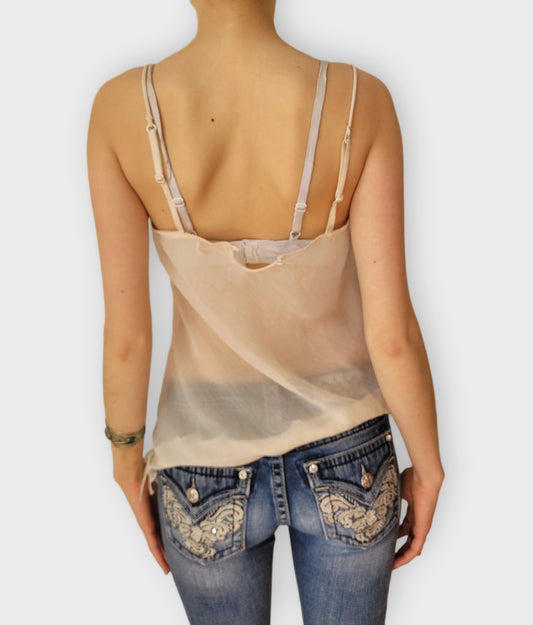 back view, Etam Sheer Ethereal Floral Embroidery Camisole Top Vintage Chic, vintage Y2K second hand piece