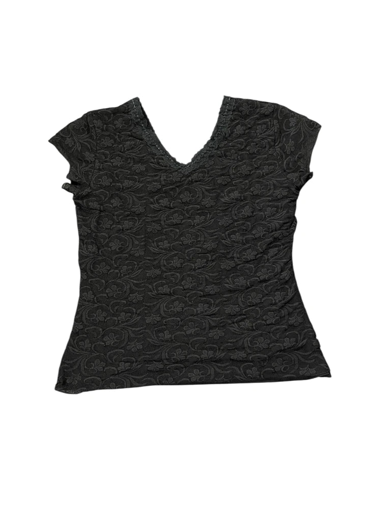 back view, Black Floral Lace V-Neck Short Sleeve Top, vintage Y2K second hand piece