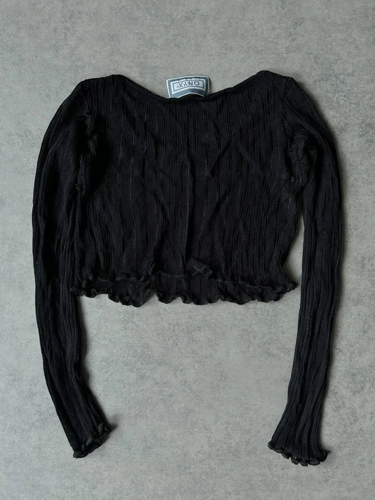 detail view, Onyx Y2K Black Sheer Sleeve Top, vintage Y2K second hand piece, image 7