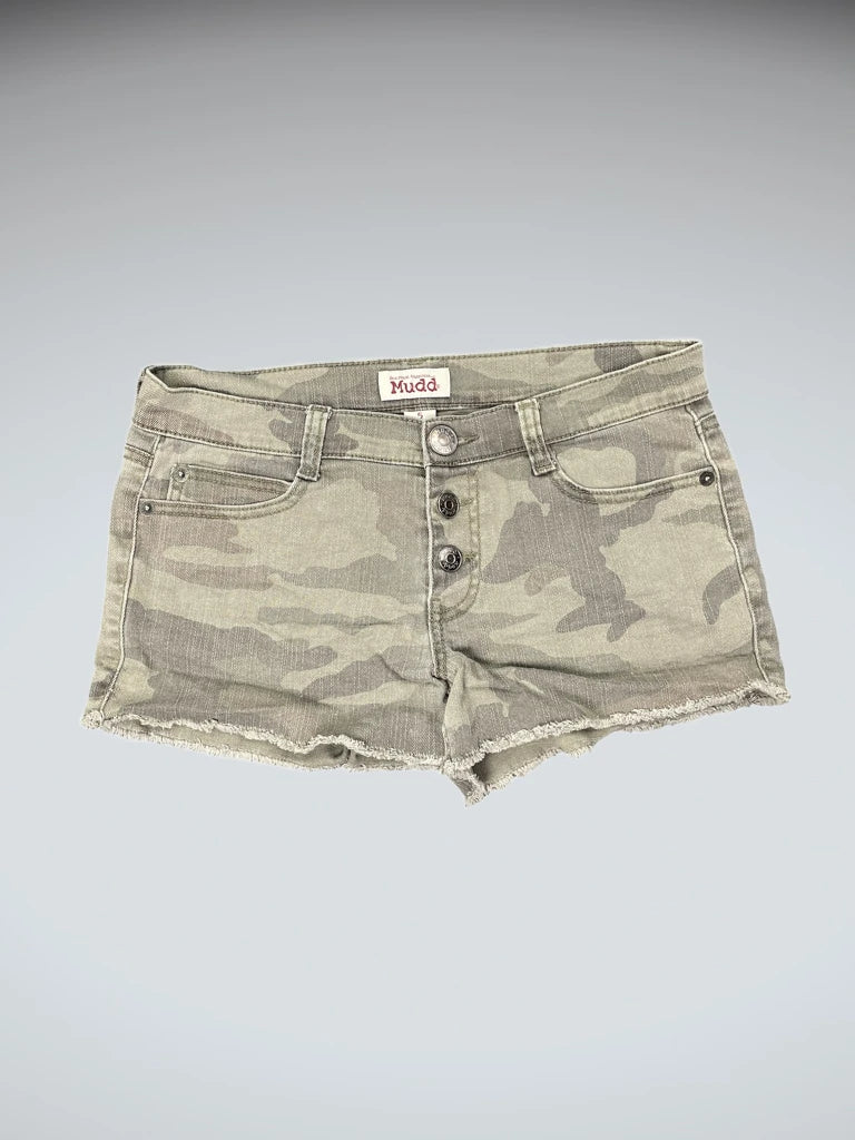 detail view, Mudd Black Camo-Inspired Denim Hotpants, vintage Y2K second hand piece