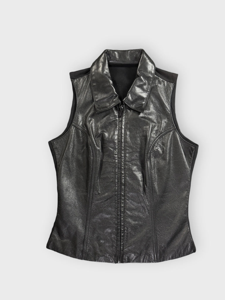 front view, Maximo Black Real Leather Vest Women, vintage Y2K second hand piece