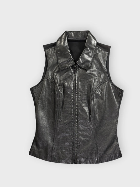 front view, Maximo Black Real Leather Vest Women, vintage Y2K second hand piece