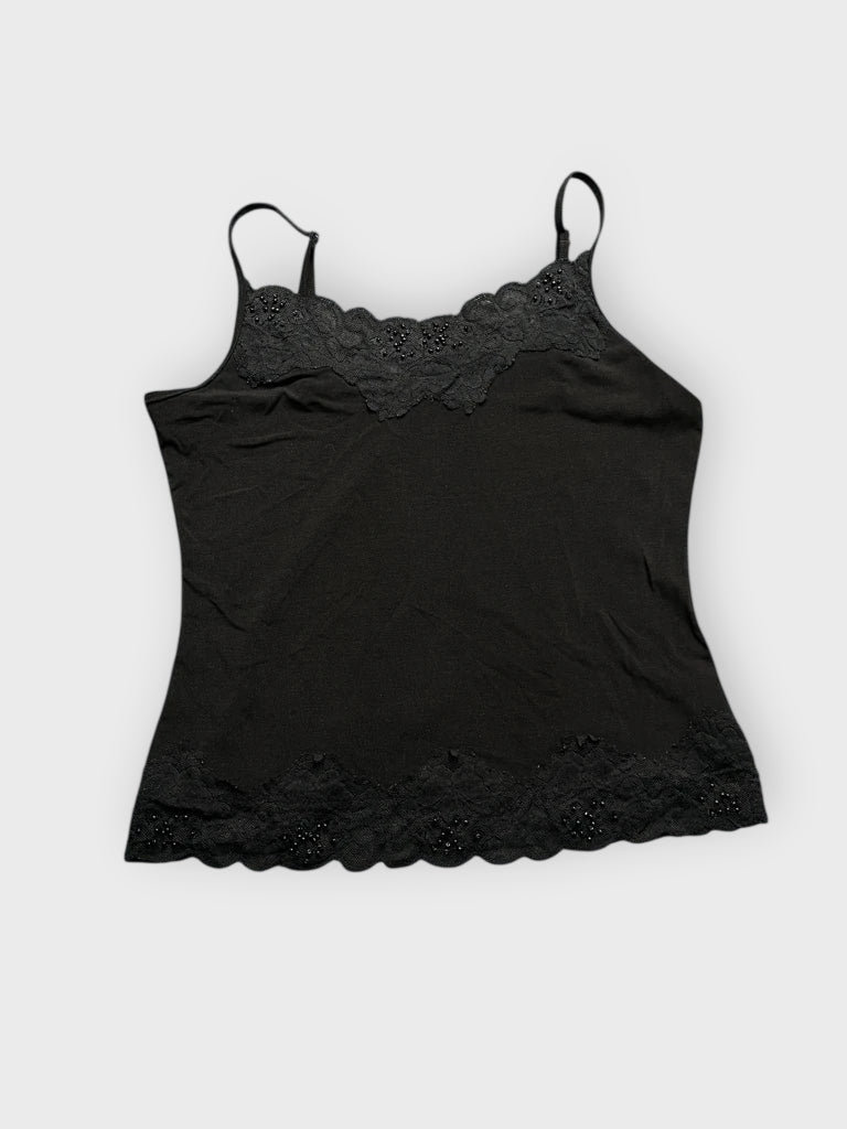 front view, N Club Wear Black Lace Trim Camisole, vintage Y2K second hand piece
