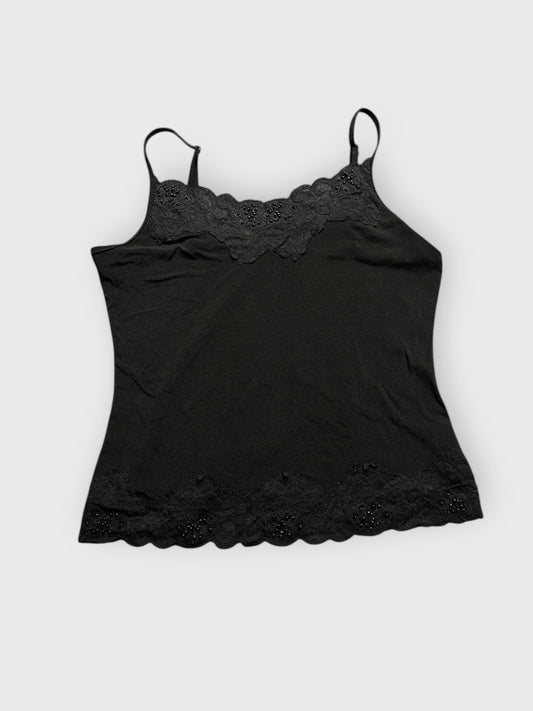 front view, N Club Wear Black Lace Trim Camisole, vintage Y2K second hand piece