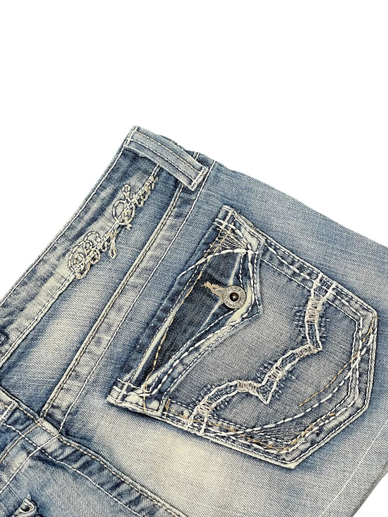 detail view, Big Star Light Blue Faded Denim Mini Skirt with Embroidered Back Pockets, vintage Y2K second hand piece, image 4