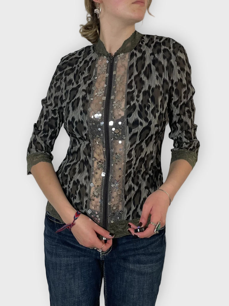front view, Jaipur Leopard Print Jacket, vintage Y2K second hand piece