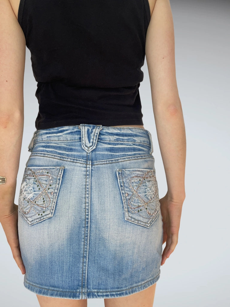 back view, Obiettivo Industry Denim Division Light Wash Low Rise Denim Mini Skirt Distressed Aesthetic, vintage Y2K second hand piece