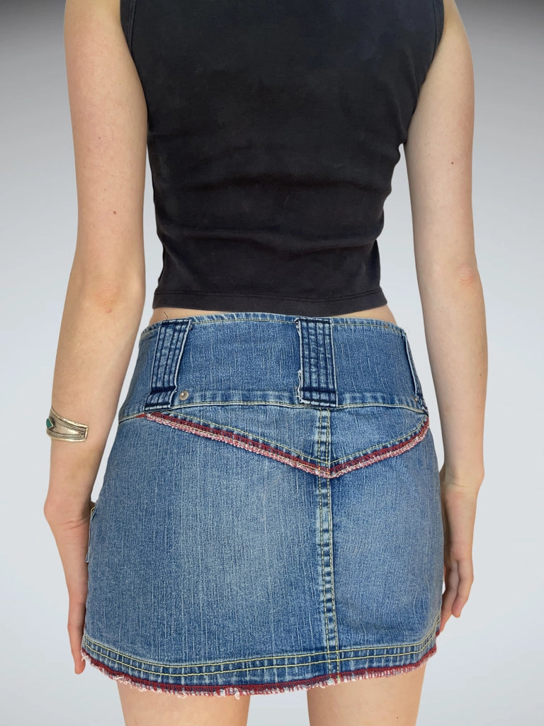 back view, Disil Industry Distressed Denim Mini Skirt Low Rise Red Stitch Y2K, vintage Y2K second hand piece