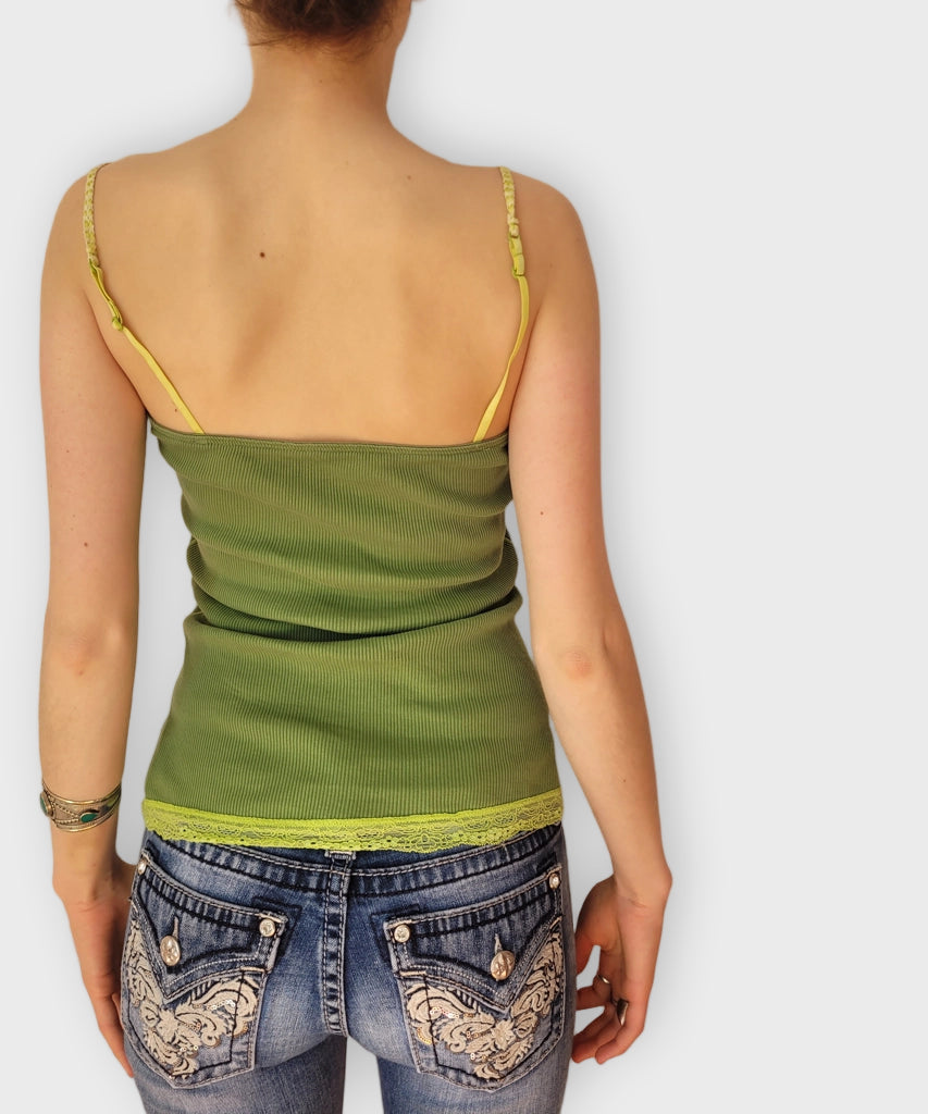 Lime Green Ribbed Cami Top Scallop Lace Trim Retro Vibe (S)