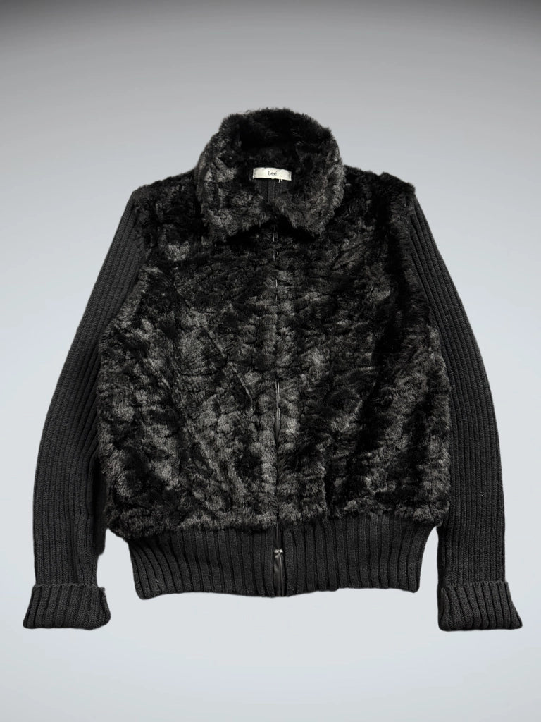 front view, Lee Vintage Black Faux Fur Jacket Women, vintage Y2K second hand piece