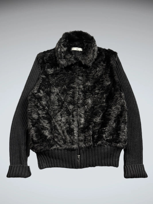 front view, Lee Vintage Black Faux Fur Jacket Women, vintage Y2K second hand piece