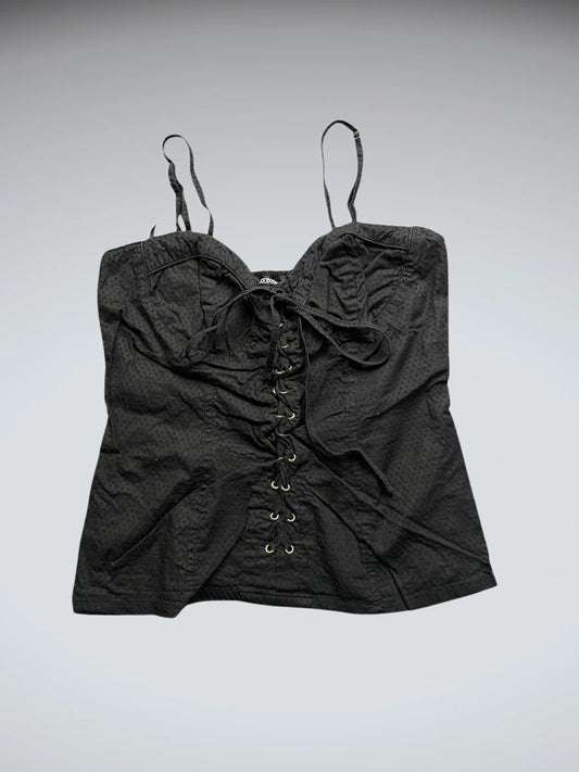 front view, Xoxo Black Lace-Up Corset Cami, vintage Y2K second hand piece