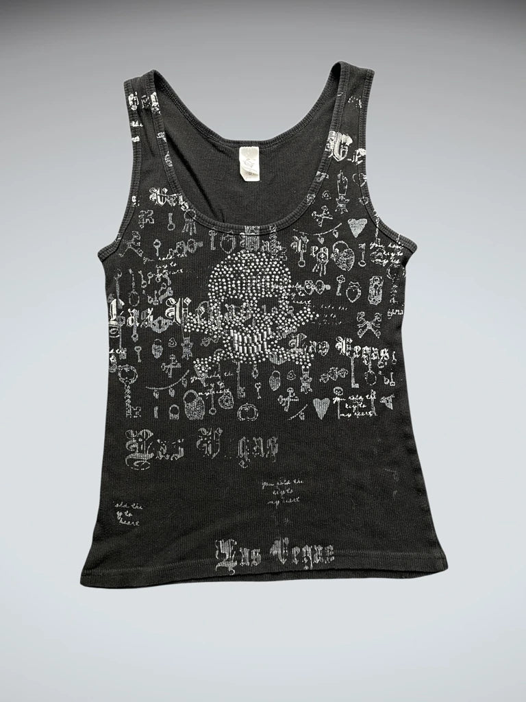 front view, Chelona Black Skull Y2K Print Tank, vintage Y2K second hand piece