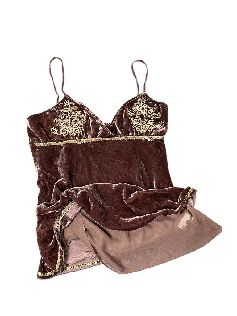 detail view, Polo Jeaqns Ralph Lauren Velvet Baroque Dark Brown Camisole, vintage Y2K second hand piece