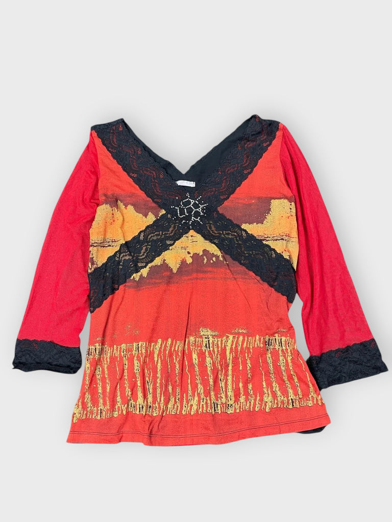front view, Art Teas red dress top, vintage Y2K second hand piece