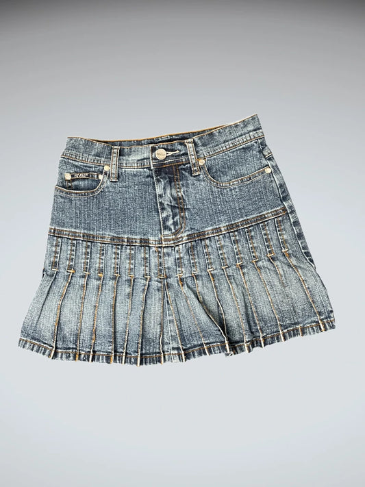 front view, Revolt Pleated Blue Vintage Denim Skirt, vintage Y2K second hand piece