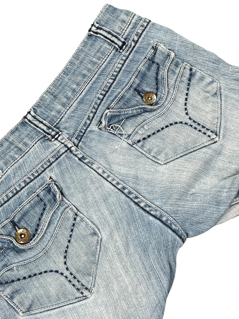 detail view, C Pink Light Blue Rolled Hem Denim Hotpants, vintage Y2K second hand piece