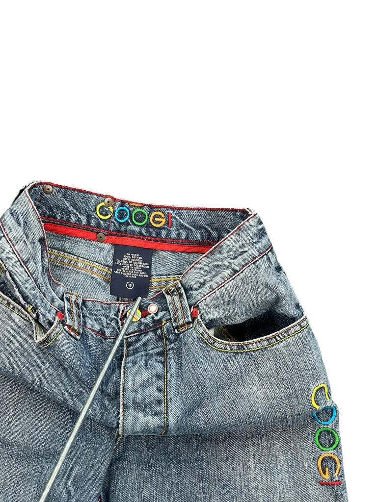 detail view, Coogie Light Blue Wide-Leg Jeans with Rainbow Logo, vintage Y2K second hand piece