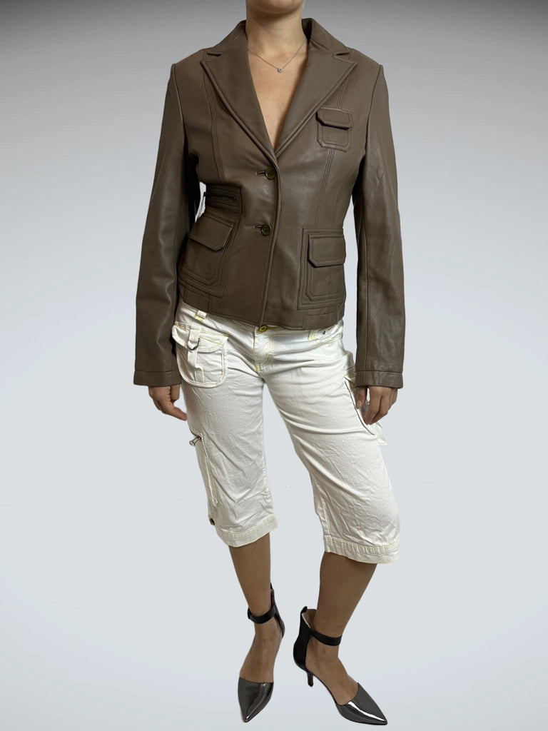 Y2K Minimalist Leather Office Blazer in Deep Black (L)