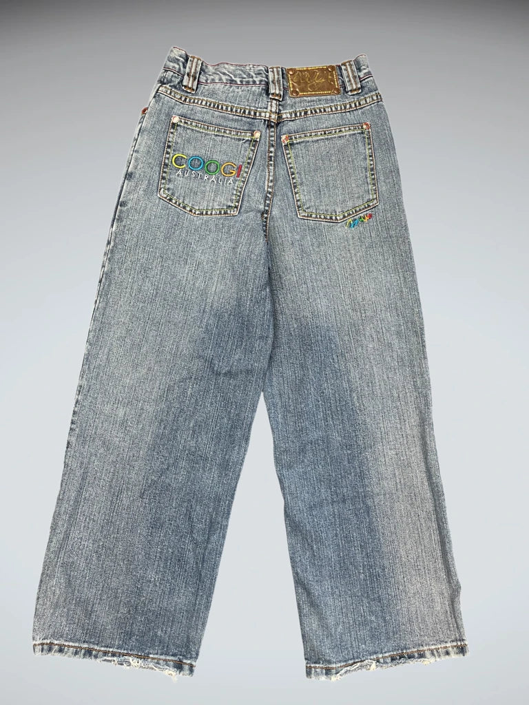 front view, Coogie Light Blue Wide-Leg Jeans with Rainbow Logo, vintage Y2K second hand piece