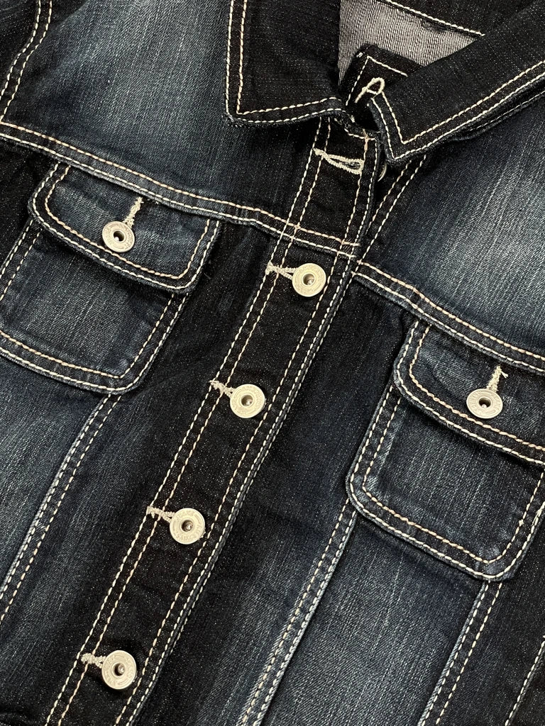 detail view, Anethyst Cropped Dark Wash Denim Jacket, vintage Y2K second hand piece