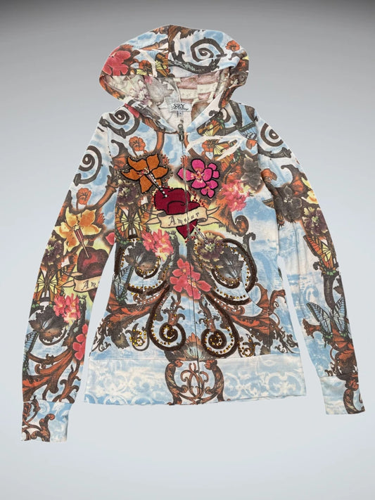 front view, Spy Amour Tattoo Print Hoodie, vintage Y2K second hand piece