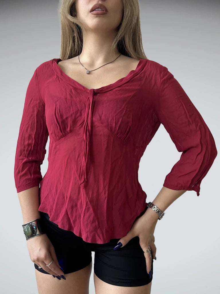 front view, Laura Ashley Y2K Red Sheer Top, vintage Y2K second hand piece