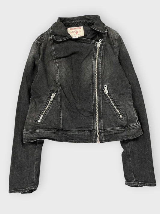 front view, True Religion Black Ash Washed Biker Denim Jacket, vintage Y2K second hand piece