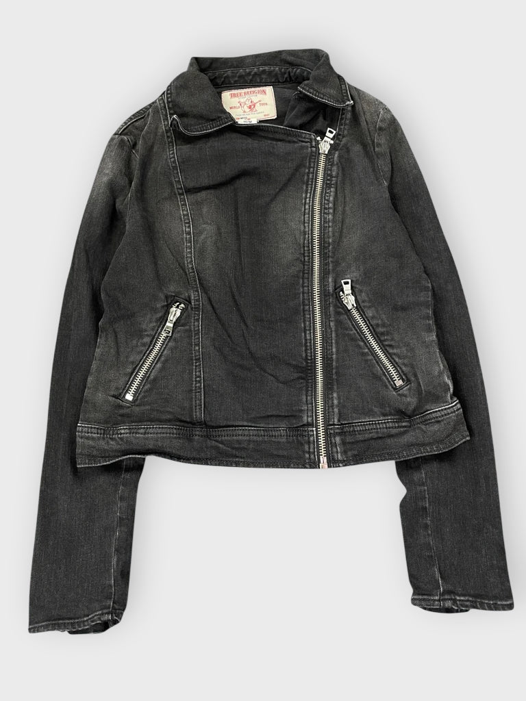 Black Ash Washed Biker Denim Jacket (M)