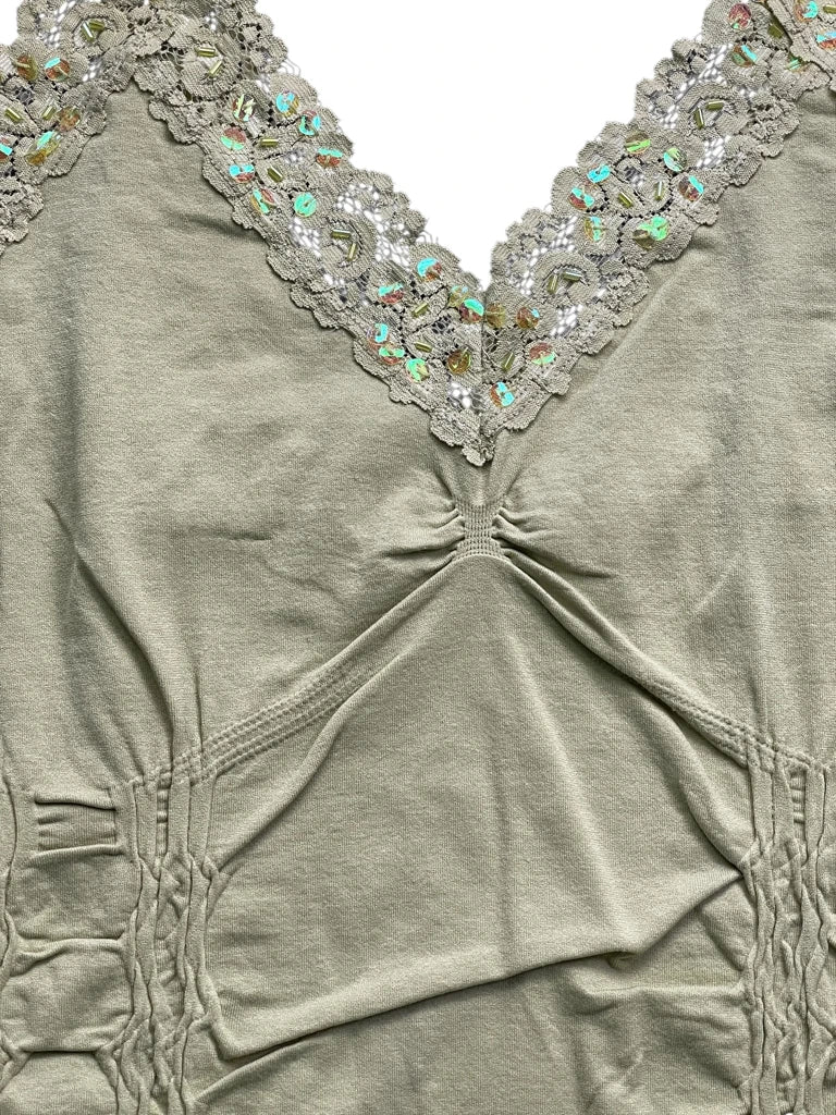 detail view, Light Green Ruched Floral Sequin Strap Top, vintage Y2K second hand piece, image 6