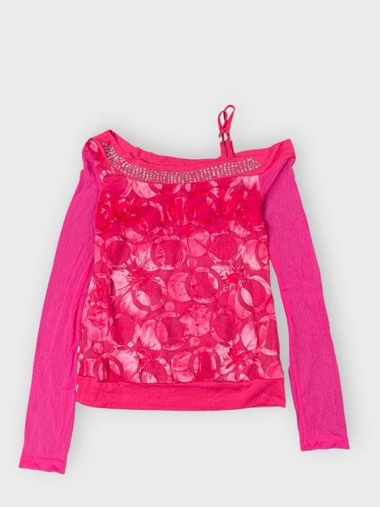 front view, Y2K pink rhinestone mesh sheer top, vintage Y2K second hand piece
