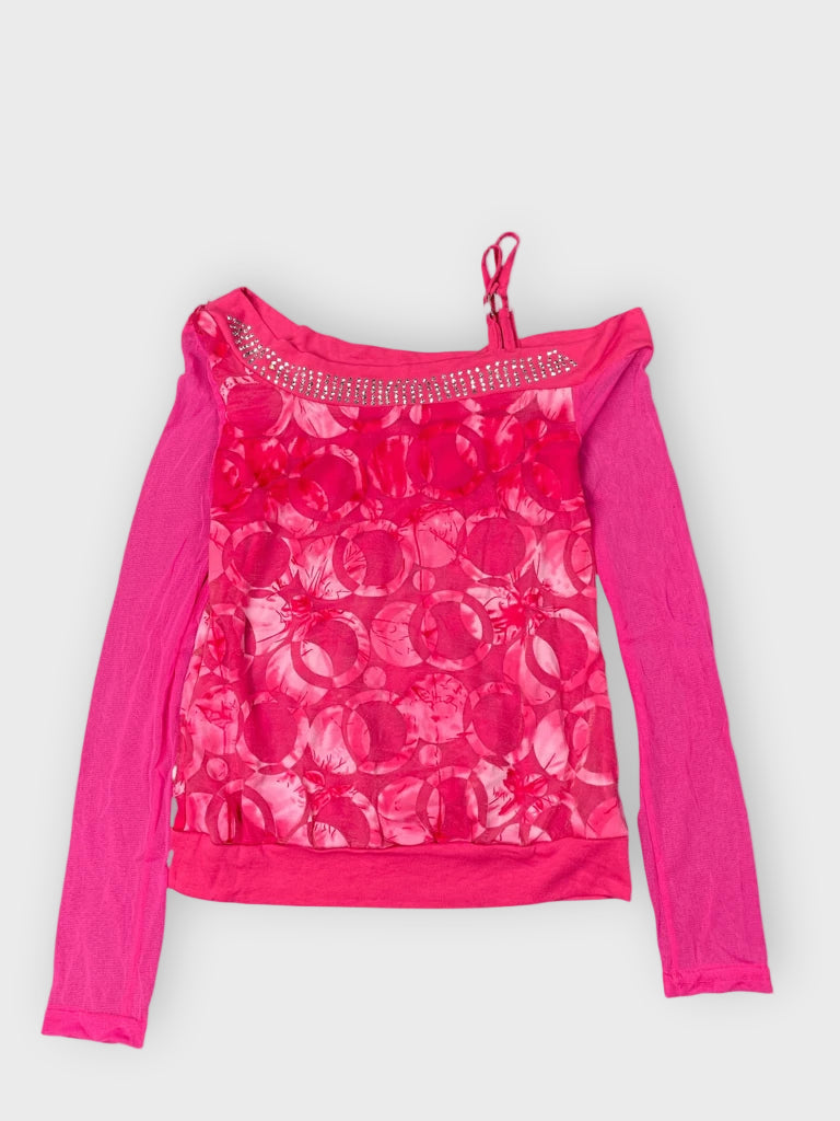 front view, Y2K pink rhinestone mesh sheer top, vintage Y2K second hand piece