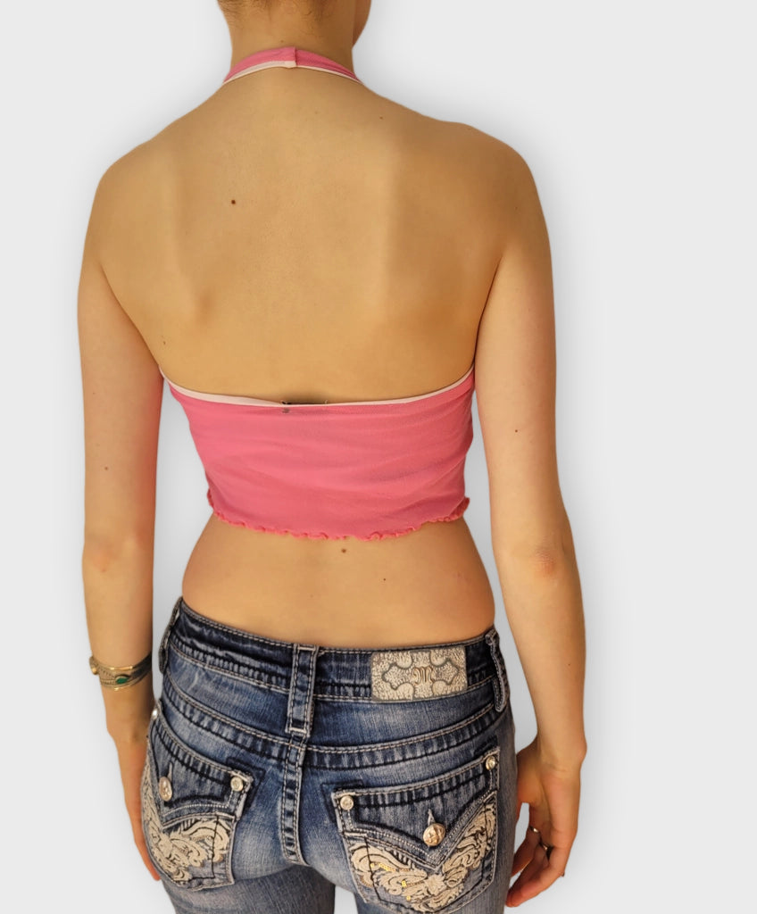 back view, Neon Pink Mesh Halter Crop Top Extasy Girl Y2K Vibe, vintage Y2K second hand piece