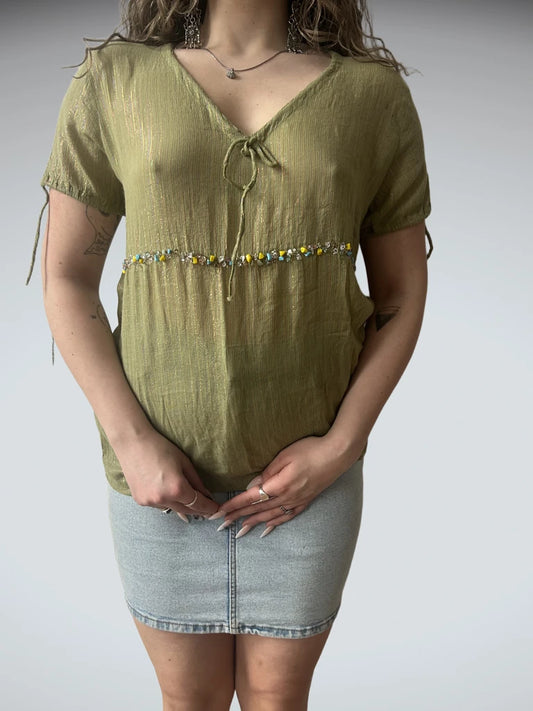 front view, Miss Sixty Green Top with Stones, vintage Y2K second hand piece