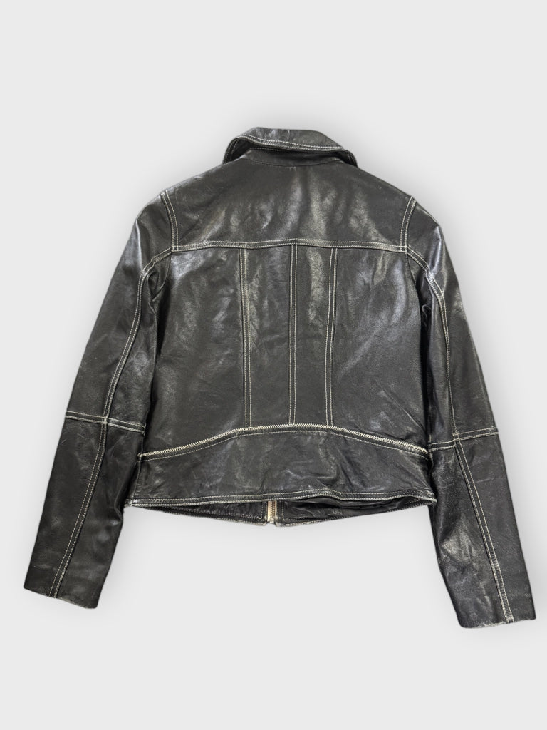 Vintage Black Faux Leather Jacket with Yellow Detail Women (XS)