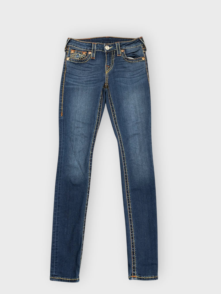 Dark Blue Skinny Jeans with Orange Stitch Accents (XS)