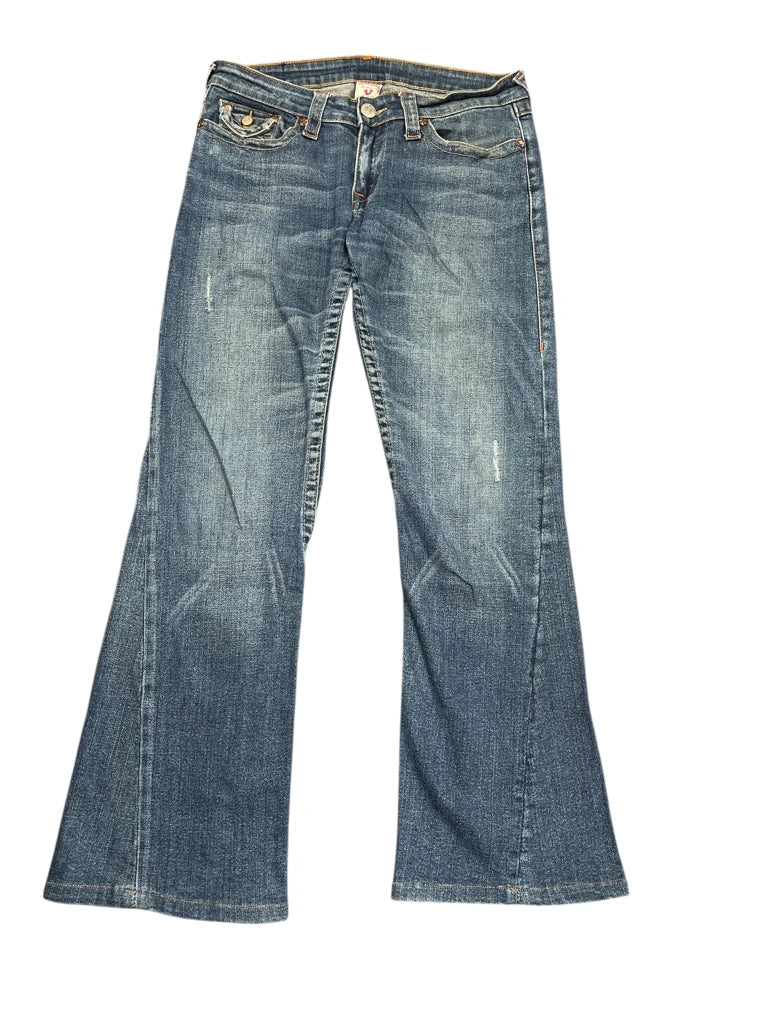detail view, True Religion Medium Wash Flare Jeans with Contrast Stitching, vintage Y2K second hand piece