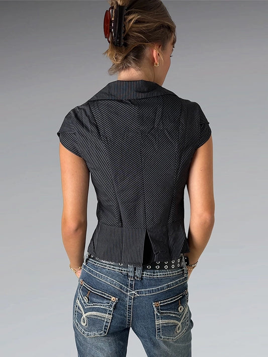 back view, Blossoa Black Pinstripe Fitted Vest Top with Statement Buttons, vintage Y2K second hand piece