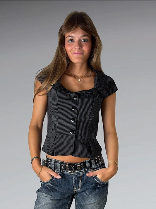 front view, Blossoa Black Pinstripe Fitted Vest Top with Statement Buttons, vintage Y2K second hand piece