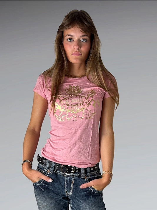 front view, Pink Juicy Couture Graphic Tee, vintage Y2K second hand piece